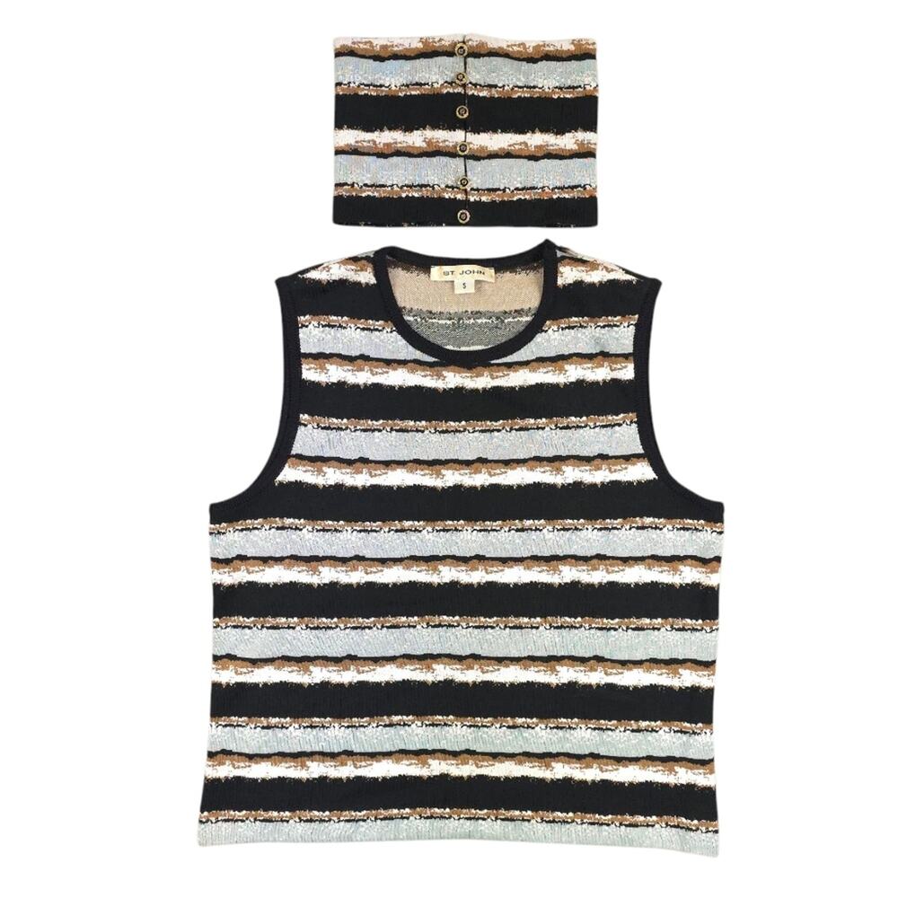 St. John Striped Knit Tank Top Faux Detachable Mock Neck
